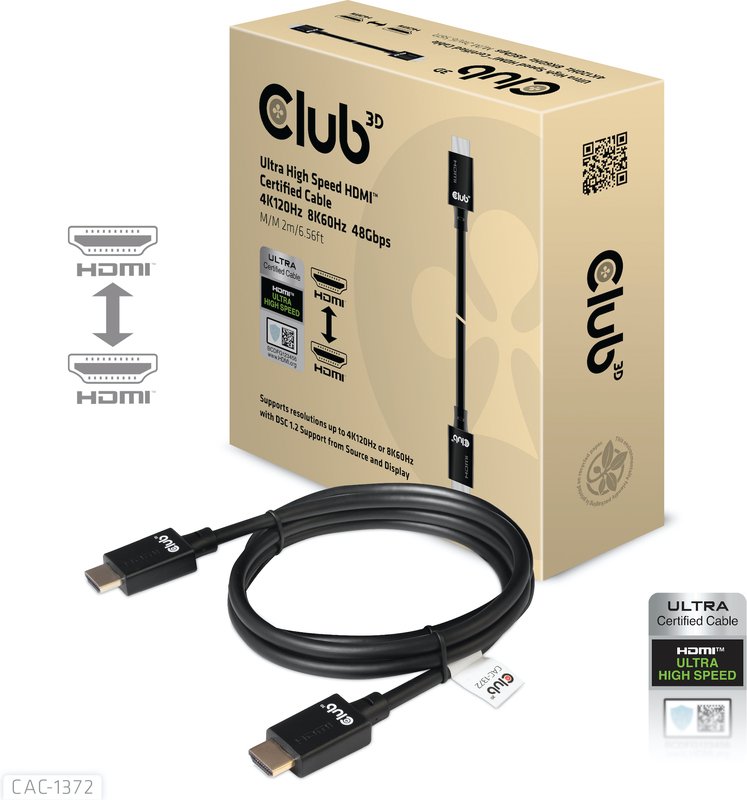 Club3D CAC-1372 Ultra High Speed HDMI 2.1 Cable 2 m – 48 Gbps, 144Hz, eARC, ARC, HDR, Ethernet, Black