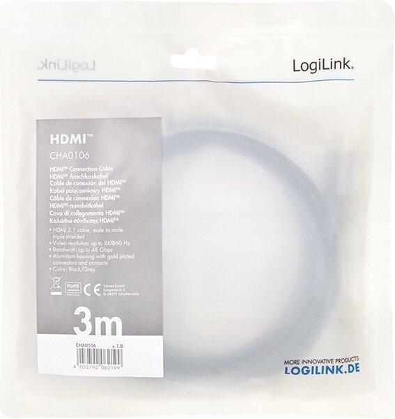 LogiLink CHA0106 HDMI Cable 3 m – HDMI Type A, 8K Ultra High Speed, Gray/Black