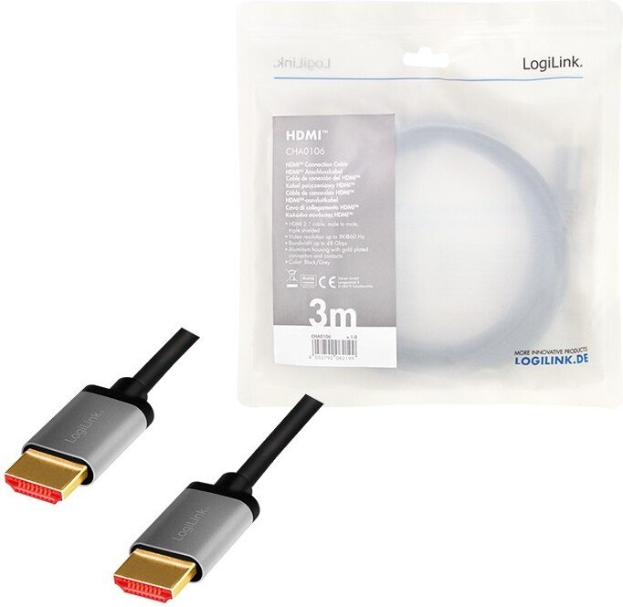 LogiLink CHA0106 HDMI Cable 3 m – HDMI Type A, 8K Ultra High Speed, Gray/Black
